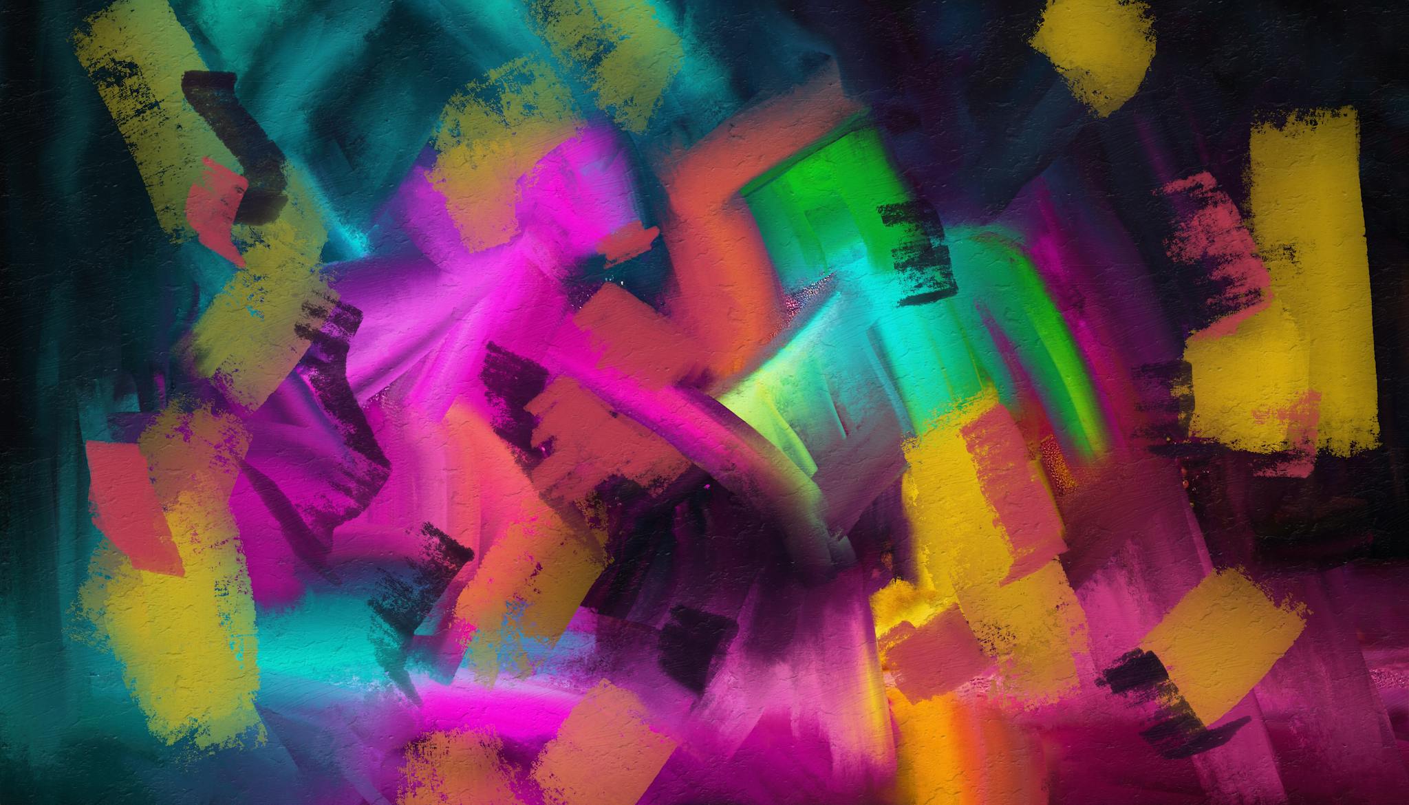 Dynamic abstract painting with vibrant brushstrokes in neon colors, creating a vivid visual impact.